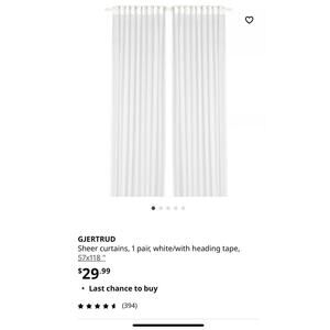 IKEA - GJERTRUD Sheer curtains, 1 pair, white, 57”x118” NEW, open package